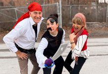 Peterborough's Dan Duran, Megan Murphy, and Lisa Devan get in the spirit to prepare for the seventh Porch Pirates for Good porch food drive on May 27, 2023. On Saturday morning, people are asked to leave a bag of non-perishable food items on their front porch, which will be collected by volunteers to deliver to the Kawartha Food Share warehouse. (Photo courtesy of Kawartha Food Share)