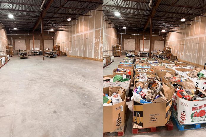 The Kawartha Food Share warehouse before and after the previous Porch Pirates for Good porch food drive last November, which collected 16,000 pounds of food donated by the community. (Photos courtesy of Kawartha Food Share)