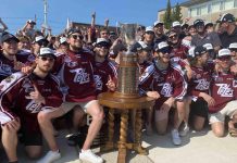 Members of the Ontario Hockey League champion Peterborough Petes gathered round the J. Robertson Cup Monday (May 22) at Quaker Foods City Square in downtown Peterborough. The community celebration of the Memorial Cup-bound Petes drew well more than 500 exuberant supporters of the team less than 24 hours after the Petes downed the London Knights 2-1 to punch their ticket to the 103rd Canadian junior hockey championship in Kamloops, B.C. (Photo: Paul Rellinger / kawarthaNOW)