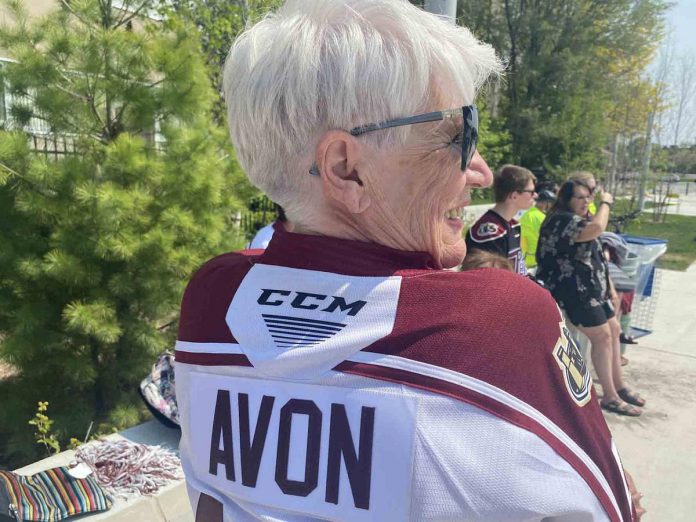 Charlene Avon had reason to be particularly proud during the community celebration of the Peterborough Petes' Ontario Hockey League championship held Monday (May 22) at Quaker Foods City Square. Her grandson JR plays centre for the Memorial Cup bound club. She'll be making the trip to Kamloops, B.C. to cheer on the hometown side. (Photo: Paul Rellinger / kawarthaNOW)