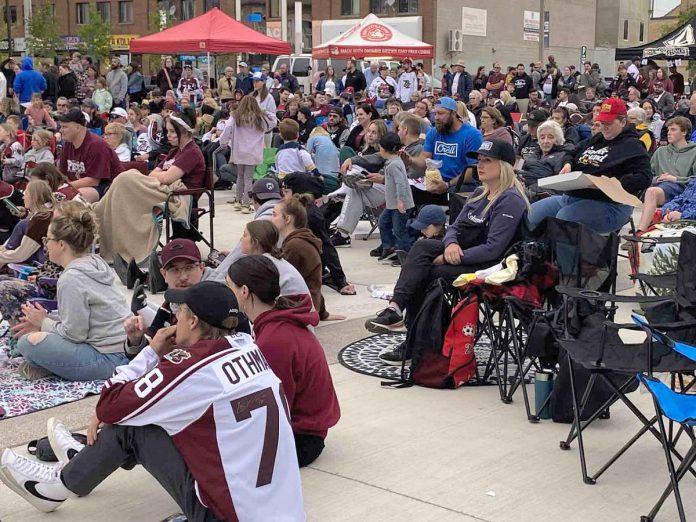 Around 400 people gathered during a community watch party at Quaker Foods City Square on May 19, 2023 to take in game five of the best-of-seven Ontario Hockey League championship final between the hometown Peterborough Petes and the London Knights, livestreamed from Budweiser Gardens in London. (Photo: Paul Rellinger / kawarthaNOW)