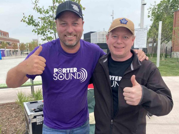 Bill Porter (left) and Nick Miles of Porter Sound had a long day on May 19, 2023, making sure all was good to go for that evening's telecast of game five of the Ontario Hockey League championship between the Peterborough Petes and the London Knights during the community watch party at Quaker Foods City Square in downtown Peterborough.  (Photo: Paul Rellinger / kawarthaNOW)