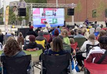Around 400 people gathered during a community watch party at Quaker Foods City Square in downtown Peterborough on May 19, 2023 to take in game five of the best-of-seven Ontario Hockey League championship final between the hometown Peterborough Petes and the London Knights, livestreamed from Budweiser Gardens in London. Additional community watch parties will take place at the square on May 27 and 28, 2023 so fans can cheer on the OHL champion Peterborough Petes from afar as they take on the Western Hockey League champion Seattle Thunderbirds and then the Kamloops Blazers at the Memorial Cup championship series in Kamloops, B.C. (Photo: Paul Rellinger / kawarthaNOW)