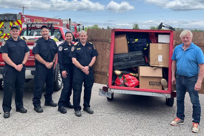 Port Hope fire chief Jeff Ogden, deputy fire chief Adam McCurdy, and members of Port Hope Fire and Emergency Services with Carl Eggiman from Firefighters Without Borders At Fire Station 2 in Port Hope on May 24, 2023. (Photo courtesy of Municipality of Port Hope)