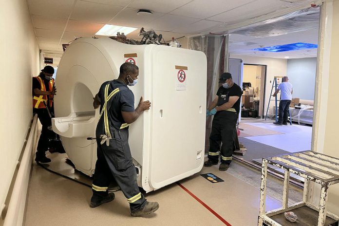 A precision moving team directed the new MRI through the Kent Street entrance at Ross Memorial Hospital in Lindsay and down the main hall. (Photo courtesy of Ross Memorial Hospital Foundation)