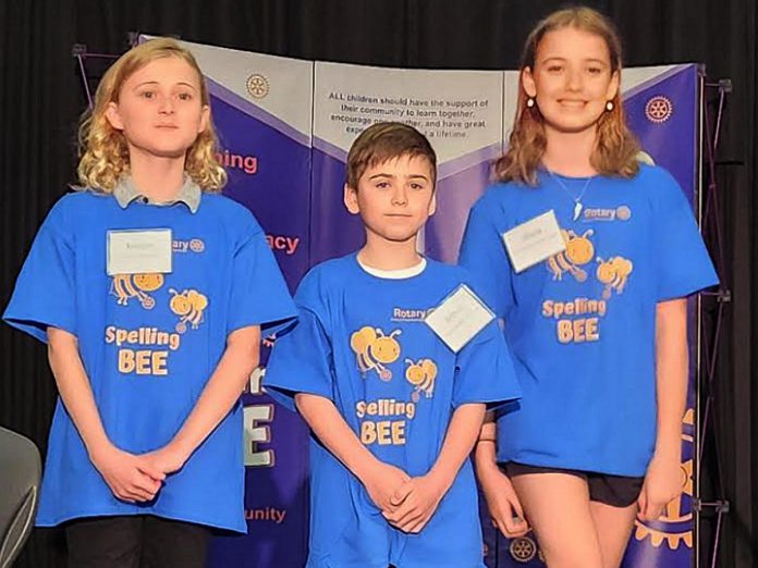 The top three spellers in the junior division (grades 4 to 6) at the Rotary Club of Peterborough's ninth annual School Spelling Bee held on May 13, 2023. From left to right: Kaiden Surpllis (third), Arthur Zadro (second), and Olivia Jones (first). (Photo courtesy of Rotary Club of Peterborough)