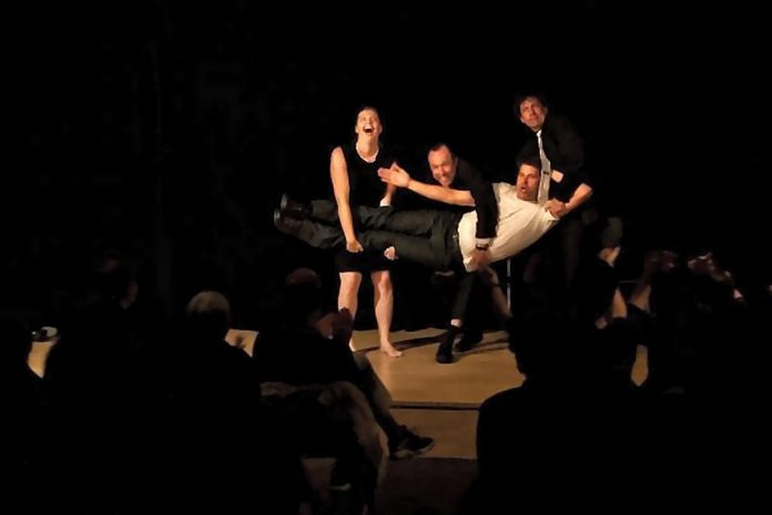 Tabetha Wells, Kerry Griffin, Sandy Jobin-Bevans, and Dave Pearce performing at Slap Happy's 10th anniversary show. The award-winning improv comedy troupe reunites for a one-night-only performance at Globus Theatre's Lakeview Arts Barn in Bobcaygeon on May 27, 2023. (Photo: Hope Baker)