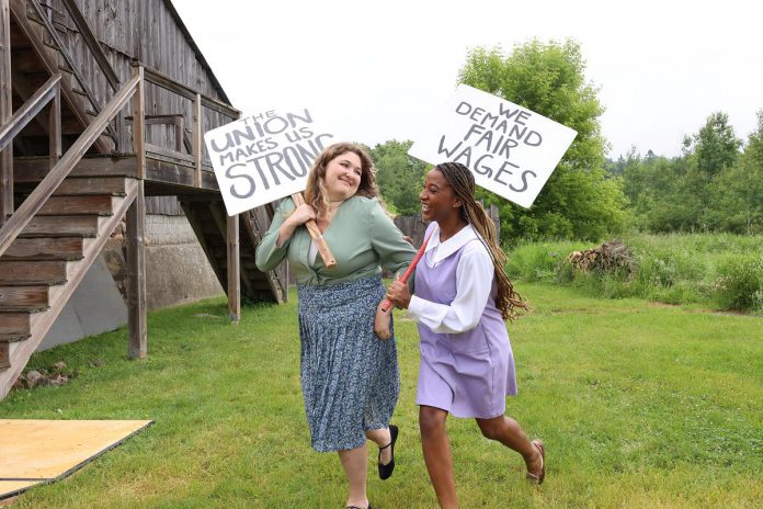 Ellyse Wolter and Laurin Isiekwena perform a scene from "The Tilco Strike" during 4th Line Theatre's media day on June 14, 2023. The play runs Tuesdays to Saturdays from June 27 to July 22 at the Winslow Farm in Millbrook. (Photo: Heather Doughty / kawarthaNOW) 
