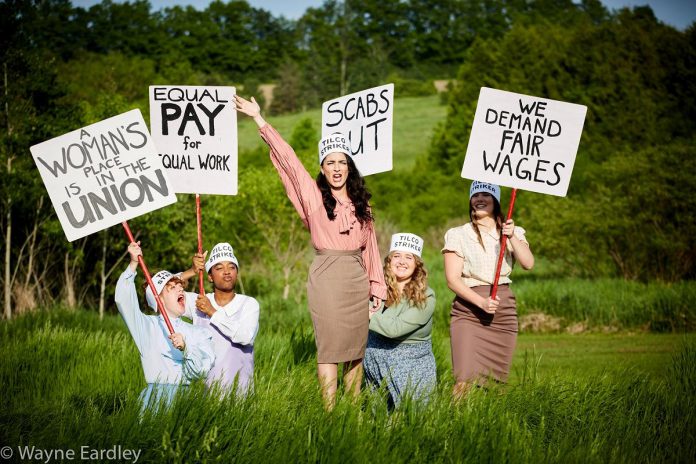 A promotional photo for the world premiere of D'Arcy Jenish's "The Tilco Strike", which tells the story of a 1965-66 labour action by 35 female employees of Peterborough manufacturer Tilco Plastics and its far-reaching consequences. The play runs Tuesdays to Saturdays from June 27 to July 22 at the Winslow Farm in Millbrook. From left to right: Sarah McNeilly, Laurin Isiekwena, Katharine Cappellacci, Ellyse Wolter, and Sierra Gibb-Khan. (Photo: Wayne Eardley, Brookside Studio)