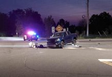 The driver of this motorcycle was seriously injured following a a collision with a pickup truck on Highway 35 north of Ballyduff in Kawartha Lakes on June 20, 2023. (Police-supplied photo)