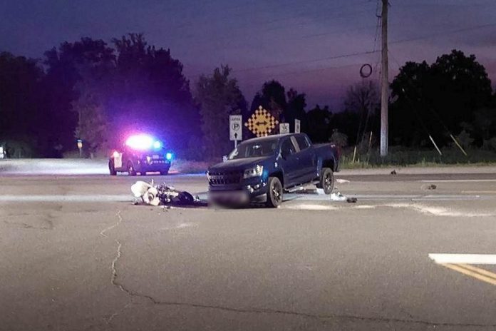 The driver of this motorcycle was seriously injured following a a collision with a pickup truck on Highway 35 north of Ballyduff in Kawartha Lakes on June 20, 2023. (Police-supplied photo)