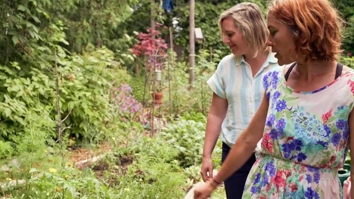 Host Jen Pogue with Peterborough's Carlotta James, co-owner of Three Sisters Natural Landscapes and pollinator advocate, in episode four of "County Blooms" entitled "Pollinator Power". (kawarthaNOW screenshot)