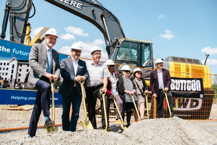 Dignitaries attending the groundbreaking ceremony of the new Extendicare 256-bed long-term care home in Peterborough on June 13, 2023 included Extendicare president and CEO Dr. Michael Guerriere, Ontario long-term care minister Paul Calandra, Peterborough mayor Jeff Leal, and Peterborough-Kawartha MPP Dave Smith. (Photo courtesy of Extendicare)