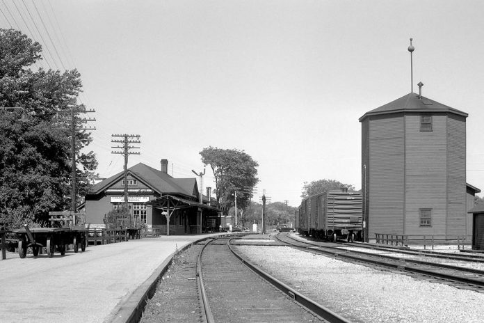 Built in 1884, this early CPR station (left) in downtown Peterborough now houses Peterborough and Kawarthas Chamber of Commerce. Carefully restored, it retains many original interior and exterior architectural features. You can visit it during Doors Open Peterborough on September 16, 2023. (Balsillie Collection of Roy Studio Images / Peterborough Museum & Archives)