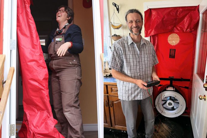 GreenUP's Home Energy program manager Clara Blakelock and registered energy advisor Collin Richardson set up blower door tests at local homes. home energy assessments can measure your home's airtightness. (Photos courtesy of GreenUP)