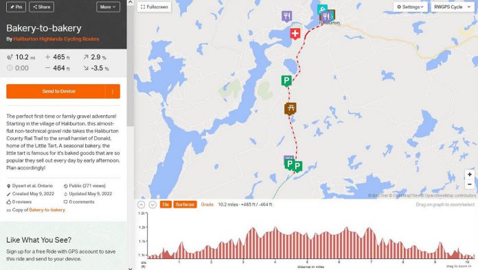 Haliburton Highlands has nearly 40 curated cycling routes available on Ride with GPS, a website and mobile app that helps people discover and plan cycling routes. The 16.5-kilometre Bakery-to-Bakery route is one of the most accessible and popular routes. (kawarthaNOW screenshot)