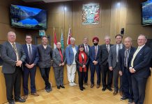 The City of Peterborough's new chief administrative officer Jasbir Raina (fifth from right) with Peterborough city council after his appointment was approved by council on June 5, 2023. (Photo courtesy of City of Peterborough)