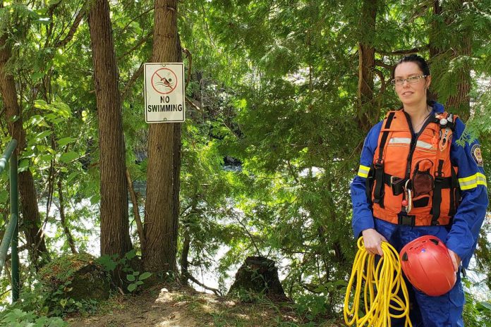 Robyn Judd, a volunteer firefighter with Kawartha Lakes Fire Rescue Service, pictured on August 31, 2021 after she and two colleagues rescued a 12-year-old girl who had become trapped in an exhaust tunnel of the generator station at Elliot Falls in Norland while swimming. (Photo: Kawartha Lakes OPP)