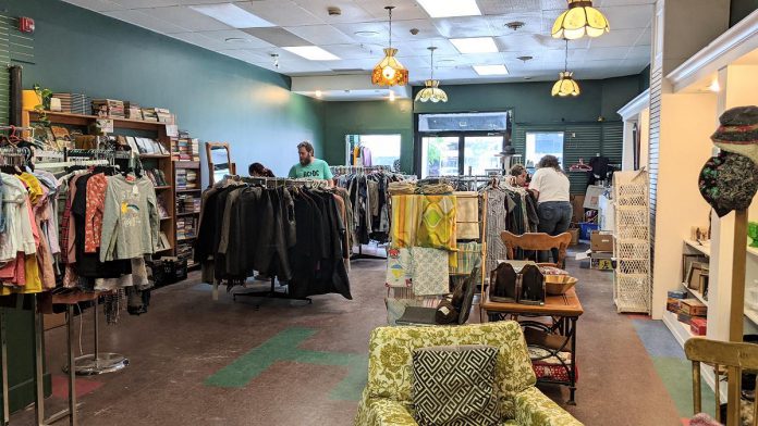 Inside Kit's Emporium, a thrift store located at 404 George Street North and connected on the inside to KitCoffee at 144 Hunter Street West. KitCoffee owner Helen McCarthy recently opened Kit's Emporium with her partner Zack Cruise. (Photo: Bruce Head / kawarthaNOW) 