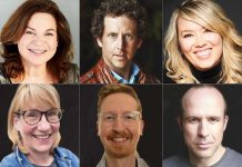 A star-studded cast of improv performers will take to the stage at Market Hall Performing Arts Centre in downtown Peterborough on June 29, 2023 for klusterfork entertainment's "School's Out" improv comedy show. Left to right, top and bottom: Linda Kash, Matt Baram, Naomi Snieckus, Janet Van De Graaff, Mark Rostrup, and Kerry Griffin. Danny Bronson and Blair Packham (not pictured) will be providing musical entertainment. (kawarthaNOW collage of supplied photos)