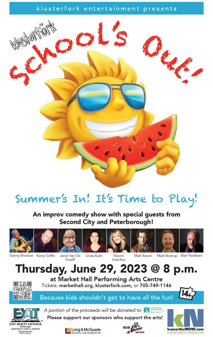 klusterfork's "School's Out" improv comedy show takes place  at Market Hall Performing Arts Centre in downtown Peterborough on June 29, 2023. (Poster: Rob Wilkes / Big Sky Design)