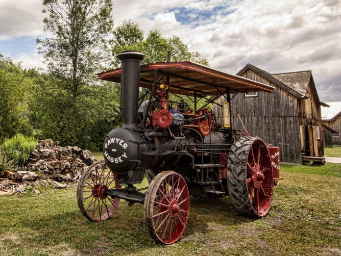 Lang Pioneer Village Museum's Sawyer-Massey traction steam engine was manufactured in Hamilton, Ontario, in 1921. This 17-horsepower engine is equipped with a single ground drive and is just strong enough to move its own weight at very low speed. (Photo courtesy of Lang Pioneer Village Museum)