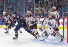 At the Memorial Cup tie-breaker game at the Sandman Centre in Kamloops, B.C. on June 1, 2023, the Peterborough Petes goalie Michael Simpson stopped 43 of 47 shots while Connor Lockhart, Brennan Othmann, Sam Mayer, and Brian Zanetti scored during the first two periods, with J.R. Avon scoring the winning goal in overtime after a scoreless third period to give the Petes a 5-4 win over the host Kamloops Blazers. The Petes will face the Seattle Thunderbirds in the semi-final game on June 2. (Photo: Jessica Van Staalduinen)