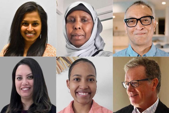 The Canadian Multicultural Festival's panel discussion called "Healing and Hope - Reflections on Refugee Experiences in Canada" from 6 to 8 p.m. on June 27, 2023 at the Peterborough Public Library features (left to right, top and bottom) panellists Dr. Madura Sundareswaran,  Khadija Warsame, Momin Rahman, and Samar Sallam, with a special performance by poet Samantha Banton and with the discussion moderated by Jim Hendry. (kawarthaNOW collage of supplied photos)