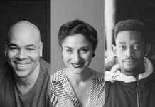 Beau Dixon, Kait Dueck, and Christopher Allen are three of the eight actors performing in New Stages Theatre Company's staged reading of the Pulitzer prize-winning play "Sweat" by Lynn Nottage at Market Hall Performing Arts Centre on June 11, 2023. (kawarthaNOW collage of supplied photos)
