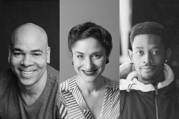 Beau Dixon, Kait Dueck, and Christopher Allen are three of the eight actors performing in New Stages Theatre Company's staged reading of the Pulitzer prize-winning play "Sweat" by Lynn Nottage at Market Hall Performing Arts Centre on June 11, 2023. (kawarthaNOW collage of supplied photos)