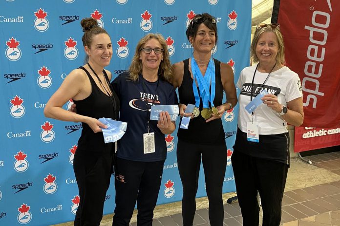 Amanda Devlin, Stephanie Dancey, Renee Oake, Lisa Oelke were four of the six Peterborough swimmers who competed at the 2023 Speedo Canadian Masters Swimming Championships in Calgary, Alberta from May 26 to 28, 2023. Along with Chris Heffernan and Joel Simmonds, the swimmers collectively took home six medals and 17 ribbons, including four gold medals for Renee Oake and two bronze medals for Joel Simmonds. (Photo: Peterborough Swim Club / Facebook)