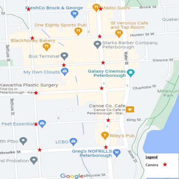 The proposed locations of 12 closed-circuit television cameras under the Peterborough police's Community Safety CCTV Program, which Peterborough city council will consider for approval at its general committee meeting on June 12, 2023. (Map: Peterborough Police Service)