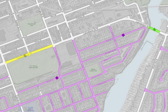 The yellow area on Lansdowne Street West represents the construction zone of the infrastructure project, with the green area representing work already underway on the approaches to the Lansdowne Street West Bridge over the Otonabee River. The purple areas south of Lansdowne are for ongoing road crack seal work and are unrelated to the construction projects. (Map: City of Peterborough)