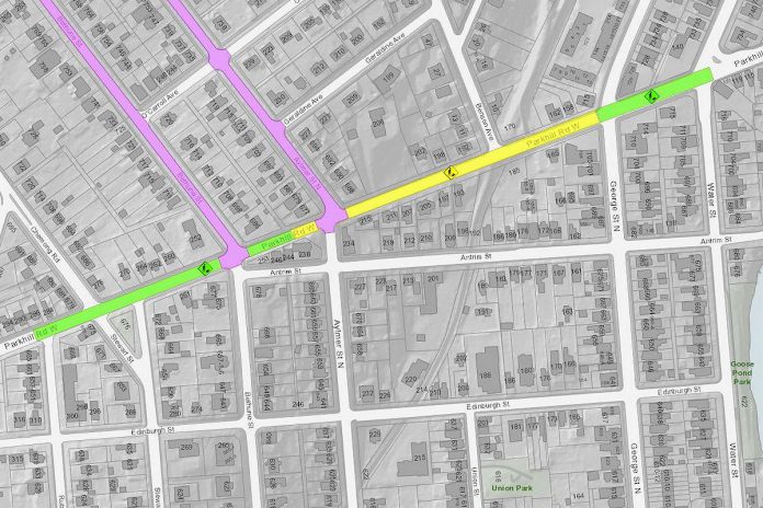 The green and yellow areas on Parkhill Road West represent the construction zone of the infrastructure project. The purple areas north of Parkhill are for ongoing road crack seal work and are unrelated to the infrastructure project. (Map: City of Peterborough)