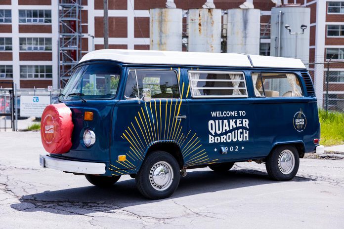 The new Quaker Oats QUAKERborough commercial includes the branded bus driving around the City of Peterborough, including across the Hunter Street bridge beside which the Quaker Oats plant is located. (Photo courtesy of Citizen Relations)