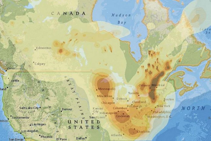 The smoke forecast in eastern Canada and the northeastern U.S. for 2 p.m. on June 28, 2023. (Map via FireSmoke.ca)