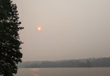 Smoke from forest fires in Quebec hangs over the Township of Highlands East in Haliburton County on June 25, 2023. (Photo: Bruce Head / kawarthaNOW)