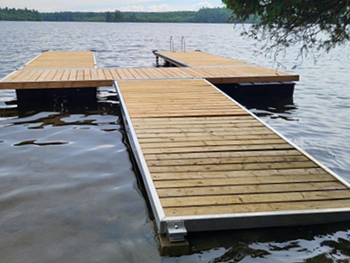 This dock valued at $47,000 that was stolen from a Crystal Lake cottage on June 17, 2023 was recovered by police on June 26 thanks to tips from the public. A 46-year-old Trent Lakes man has been arrested and charged with multiple counts of possession of stolen property and theft. (Photo: Peterborough County OPP)