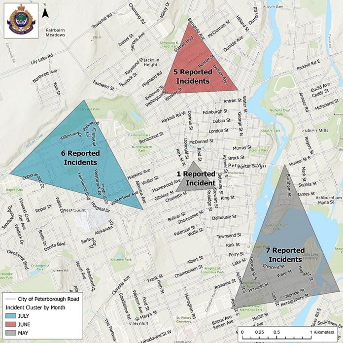 Peterborough police created this map showing the city neighbourhoods where antisemitic pamphlets have been reported in May, June, and July 2023. (Police-supplied map)