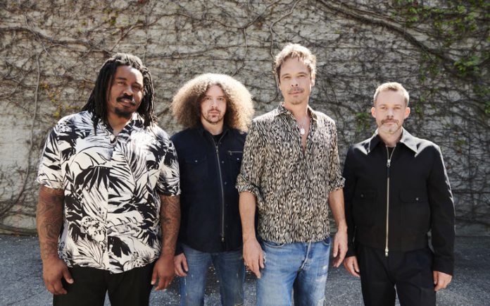 Big Wreck (drummer Sekou Lumumba, rhythm guitarist Chris Caddell, lead guitarist Ian Thornley, and bassist Dave McMillan) are performing a free-admission concert at Peterborough Musicfest in Del Crary Park on August 16, 2023. (Photo: Nikki Ormerod)