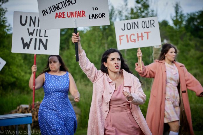 D'Arcy Jenish's "The Tilco Strike" tells the story of a 1965-66 labour action by 35 female employees of Peterborough manufacturer Tilco Plastics and its far-reaching consequences. The play runs Tuesdays to Saturdays until July 22, 2023. (Photo: Wayne Eardley, Brookside Studio)