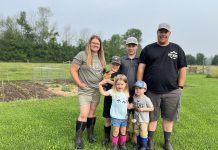 Ashley Foreman and Chris Duff with their children William (13), James (8), Evelyn (4), and Charles (3). In 2019, the couple built their dream home in on a 50-acre lot in Keene owned by Chris's family since 1987. A year into the pandemic, the couple wanted to do something to get their children outside and began a hobby farm. Once they began selling their meats, eggs, and produce, they quickly saw the demand grow for their sustainable, pasture-raised food. (Photo: Ashley Foreman)