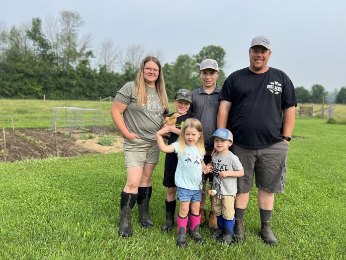 Ashley Foreman and Chris Duff with their children William (13), James (8), Evelyn (4), and Charles (3). In 2019, the couple built their dream home in on a 50-acre lot in Keene owned by Chris's family since 1987. A year into the pandemic, the couple wanted to do something to get their children outside and began a hobby farm. Once they began selling their meats, eggs, and produce, they quickly saw the demand grow for their sustainable, pasture-raised food. (Photo: Ashley Foreman)