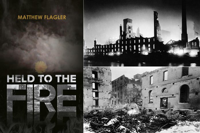 The cover of Matthew Flagler's book "Held to the Fire" and two photos of the devastation from the 1916 explosion and fire that destroyed the Quaker Oats plant on Hunter Street and claimed the lives of 24 workers. (Photos: Matthew Flagler and City of Toronto Archives)