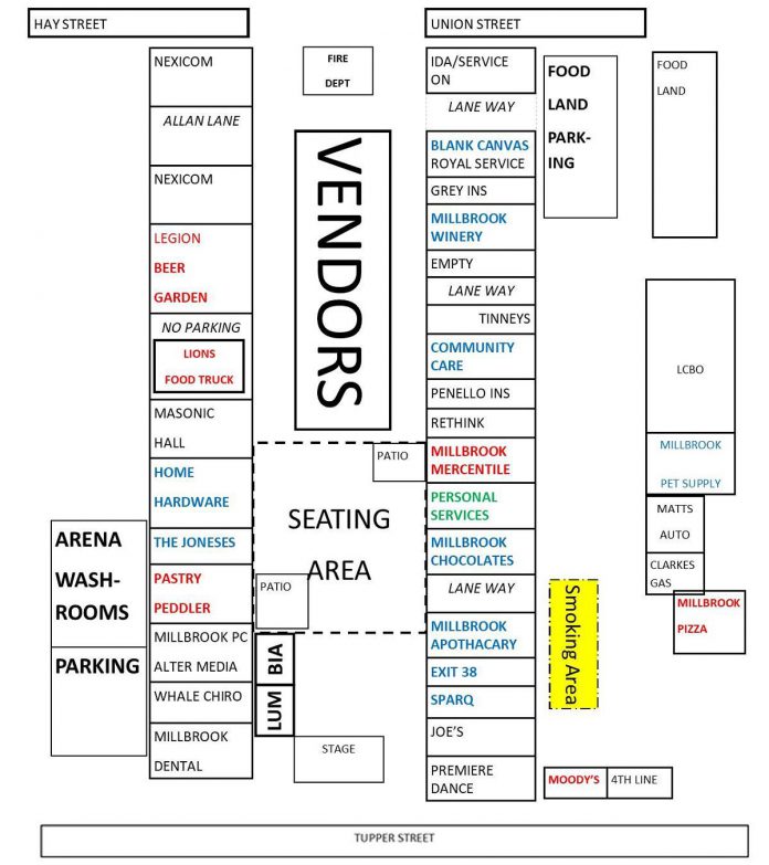 A map of King Street in downtown Millbrook for Ladies' Night showing the locations of vendors, seating, the stage, and local shops and eateries. (Graphic: Millbrook BIA)