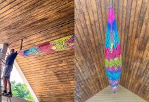 A painted kayak created by Peterborough artist Jason Wilkins hangs in the Silver Bean Cafe in Millennium Park. (Photos: Silver Bean Cafe / Facebook)