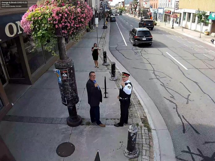 A still from the CCTV camera installed at George and Brock street, one of 12 police-operated CCTV cameras now operational in downtown Peterborough. (Photo: Peterborough Police Service)