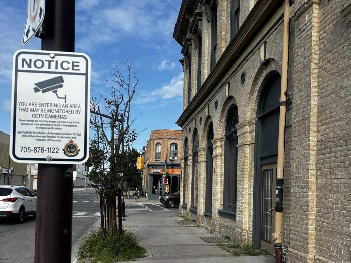 Signage has been posted in downtown Peterborough notifying residents and visitors they are entering an area that may be monitored by police-operated CCTV cameras. (Photo: Peterborough Police Service)