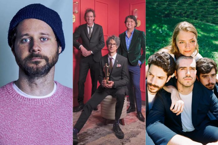 All Juno award winners, indie folk-rock musician Dan Mangan, alt-country rockers The Sadies, and Oshawa indie pop band Dizzy are three of the musical acts performing at the 2023 Peterborough Folk Festival's admission-by-donation weekend at Nicholls Oval Park on August 19 and 20. (kawarthaNOW collage of artist photos)