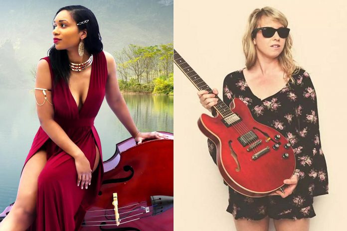 Award-winning blues musicians Angelique Francis and Emily Burgess will perform at the Gordon Best Theatre in downtown Peterborough on August 18, 2023 in one of two ticketed concerts presented by the Peterborough Folk Festival in advance of the admission-by-donation music festival at Nicholls Oval Park on the weekend of August 19 and 20. (kawarthaNOW collage of photo via angeliquefrancis.net and Jen Squires photo)